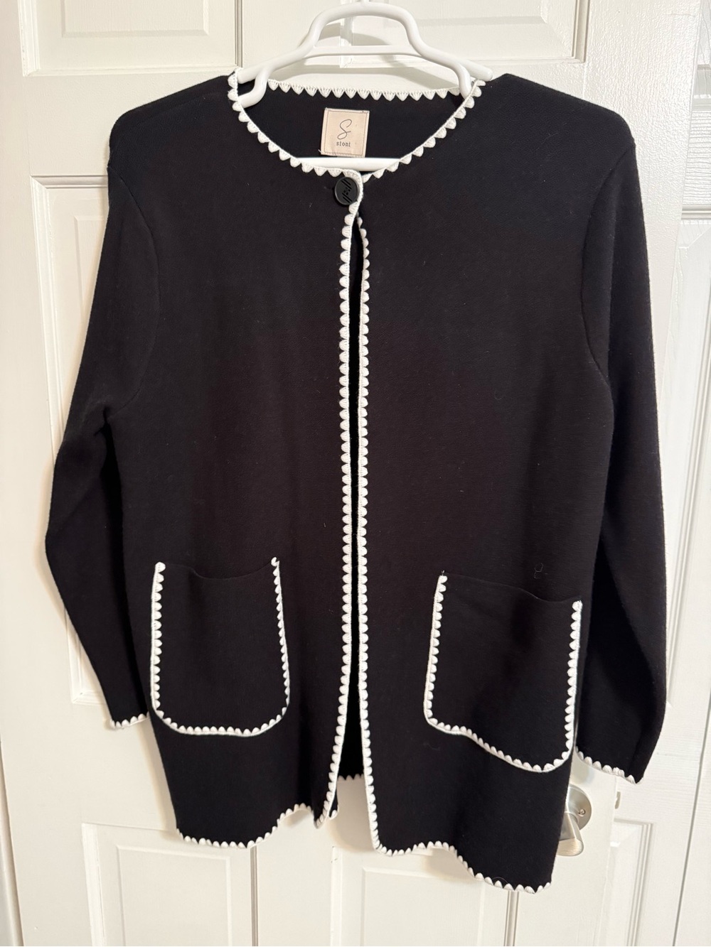 Sioni Black Cardigan with White Trim Scalloped Detail